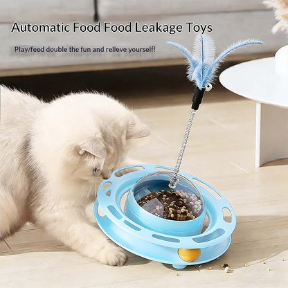 Cat Toy for Indoor Cats, 4-in-1 Interactive Pet Plaything, Blue Cat Ball Track with Treat Dispenser, Feather Teaser, Self-Play Tumbler Toy