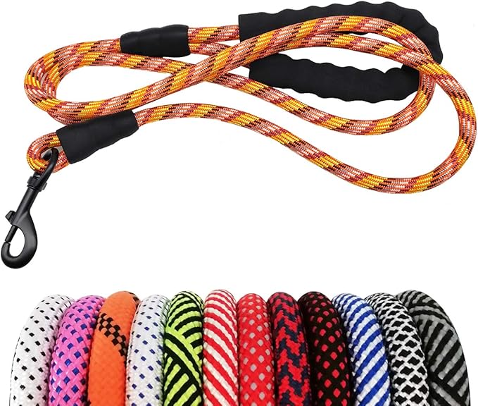 MayPaw Heavy Duty Rope Dog Leash, 3/4/5/6/7/8/10/12/15 FT Nylon Pet Leash, Soft Padded Handle Thick Lead Leashes for Large Medium Dogs (Colorful, 1/2" * 6')