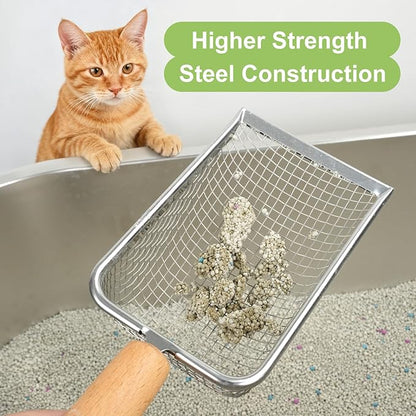 XBX Cat Litter Scoop with Holder – Metal Mesh Litter Scooper, Wooden Handle Fine Litter Scoop with Small Holes for Litter Box, Efficient Sifting and Easy Cleaning