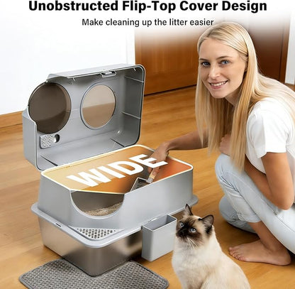 Stainless Steel Litter Box with Lid,Extra Large Enclosed cat Litter Box, Metal litterbox with Flip Top,Front and Top Entry,Anti-Leakage,Easy Cleaning,Includes Carbon Filters & Scoop & Mat