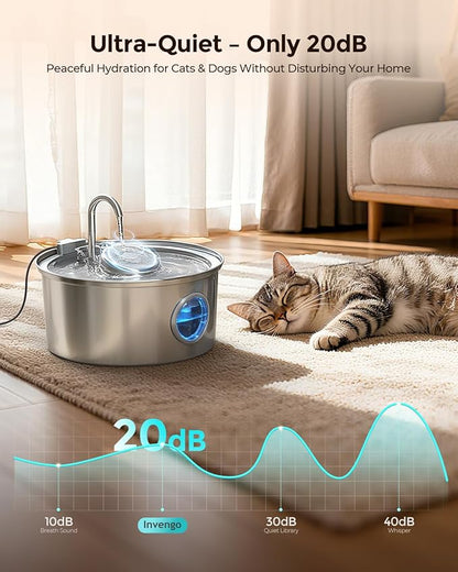 Cat Water Fountain Stainless Steel, 108oz/3.2L Pet Fountain with Large Water Level Window, Ultra Quiet Automatic Cat Water Dispenser for Cats and Dogs, 2 Flow Modes, Splash-Proof Design