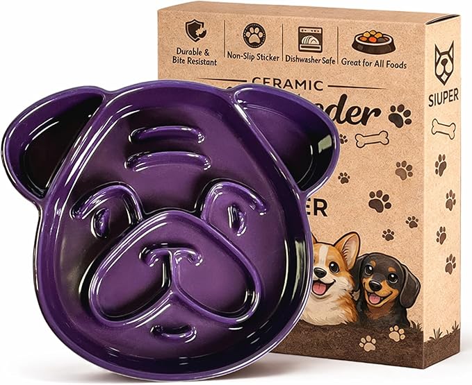 Art Ceramic Slow Feeder Pug Shape, 1.5 Cups Dog Bowl for Small & Medium Breed. Bite-Resistant, Dishwasher Safe, Maze Design to Prevent Fast Eating, Bloat, Choking. Gift for Pet Lovers, Purple