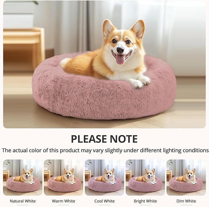 JOLLYVOGUE Calming Dog Beds Large Sized Dog, 36in Donut Washable Large Pet Bed, Anti-Slip & Anti-Anxiety Fluffy Faux Fur Round Dogs Bed, Fits up to 80 lbs Pets (Dark Pink)