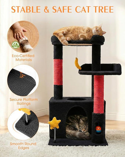 32In Cute Cat Tower for Indoor Cats with Cat Condo, Plush Platform, Hammock, Sisal Scratching Posts, Dangling Ball, Tall Cat Tree Tower with Self-Grooming Brush (Jet Black)