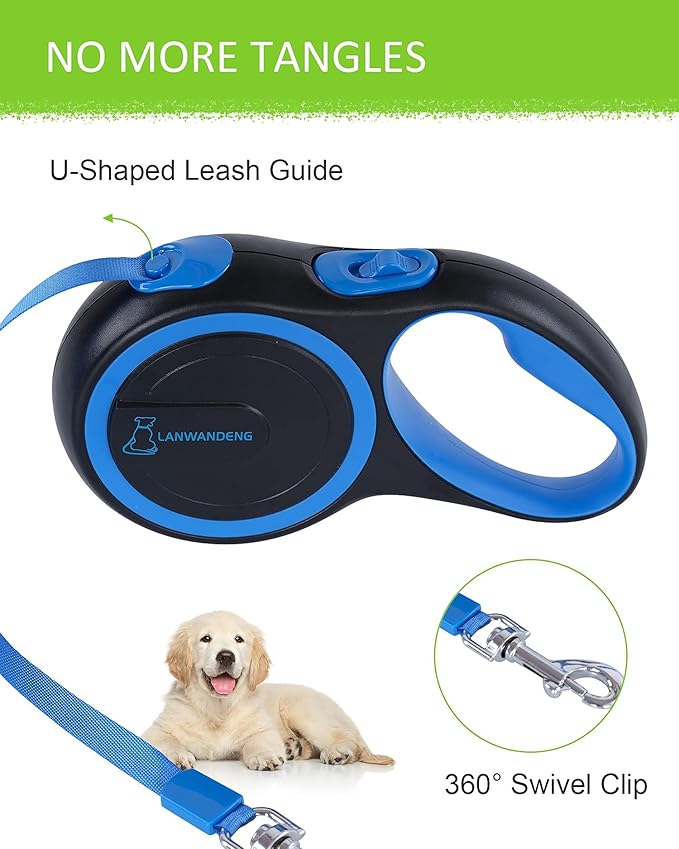 26FT Chew Proof Retractable Dog Leash with 2 Heavy Duty Anti-Chewing Wire Ropes, 360° Tangle-Free Dog Lead with Anti-Slip Handle for Small/Medium/Large Dogs Blue