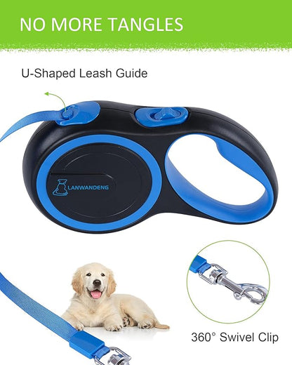 26FT Chew Proof Retractable Dog Leash with 2 Heavy Duty Anti-Chewing Wire Ropes, 360° Tangle-Free Dog Lead with Anti-Slip Handle for Small/Medium/Large Dogs Blue