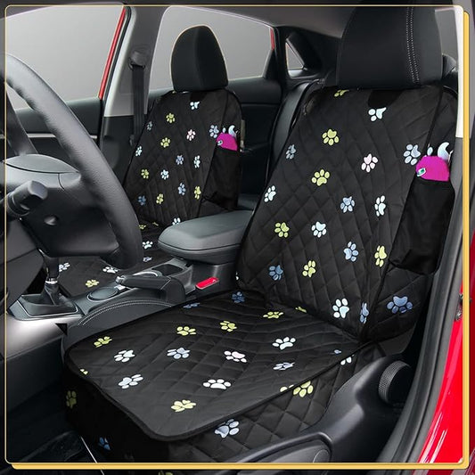 2pcs Dog Car Seat Cover for Front Durable Colored Paw Prints Waterproof Protector Against Dirt Scratch Proof Non Slip Padded Quilted Front Seat Covers for Dog for Cars, Trucks and SUV, Black