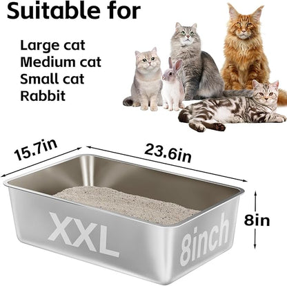 Stainless Steel Litter Box,Metal Litter Box for Big Cats 8IN Deep, Cat Litterbox 2 Pack Easy to Clean-High Sided,Stainless Steel CatLitters Box for Adult Cats,Non Stick, No Smell