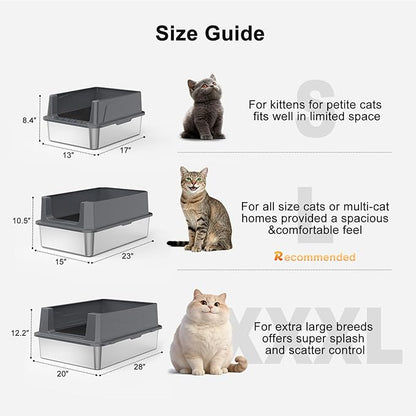 FURTIME Stainless Steel Cat Litter Box with Lid, Metal Kitty Litter Box for Small Cats, Kitten Litter Boxs with Scoop and Mat, Non-Sticky, Anti-Leakage, Easy to Clean, 17"x13"x8.4" (Small)