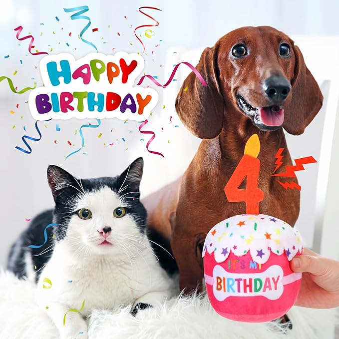 Dog Birthday Cake Toy Accessories for Girl Boy Gifts, Squeaky Plush Toy for Dog Birthday Party Decor Favor for Large, Medium and Small Dogs(4th,Pink)