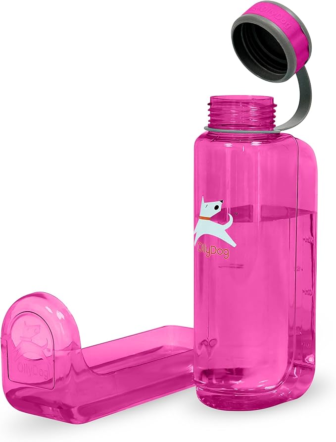 OllyDog OllyBottle, Dog Water Bottle with Detachable Bowl, No Spill Travel Bottle for Dogs, Wide Drinking Cup, BPA-Free Tritan, Easy Clean, Convenient for Walking & Hiking (1L, Hot Pink)