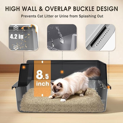 Stainless Steel Litter Box with Lid: Metal Cat Litter Box for Small Cats with Scoop, High Sided Kitty Litter Pan Tray, 17.4'' x 13.5'' x 8.5'', Non-Stick, Anti-Leakage, Easy Cleaning (Black)