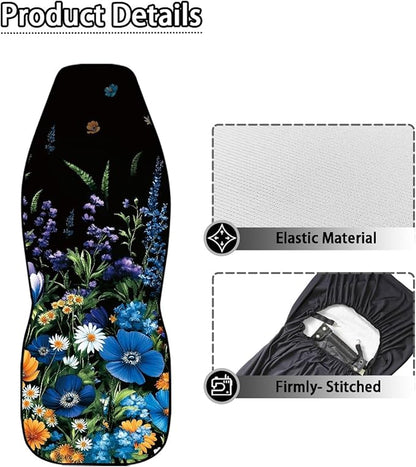 Sunflowers Daisy Car Seat Covers Front Seats Only for Women Blue Flowers Front Bucket Seat Accessory Interior Decoration Universal Fit for Most Vehicles