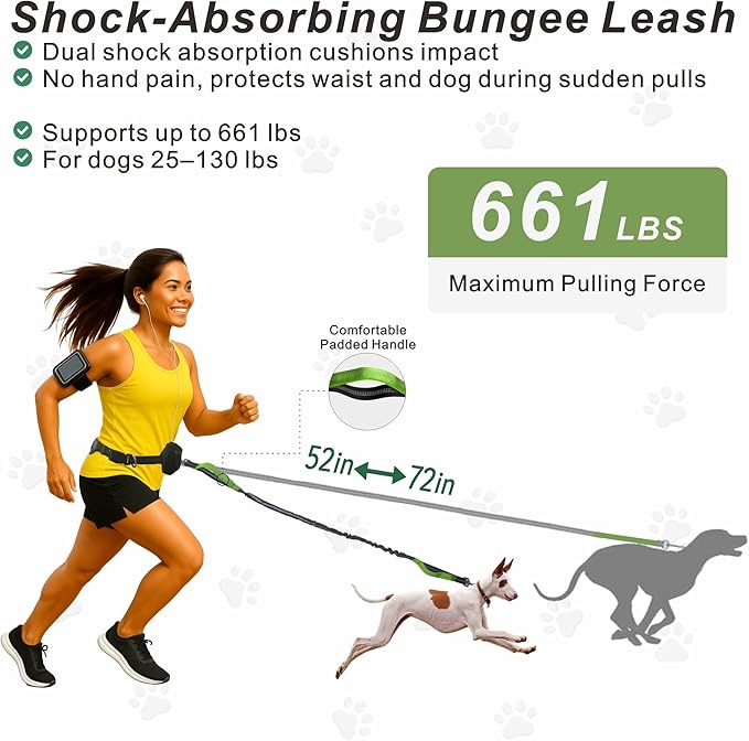 Hands-Free Dog Leash for Dogs up to 130 lbs – Heavy-Duty, Shock-Absorbing Bungee Leash with Zipper Pouch, Dual Padded Handles & Adjustable Waist Belt for Running & Walking – Neon Green
