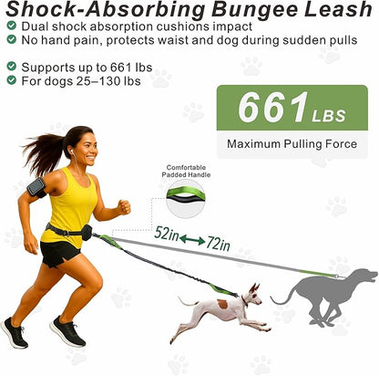 Hands-Free Dog Leash for Dogs up to 130 lbs – Heavy-Duty, Shock-Absorbing Bungee Leash with Zipper Pouch, Dual Padded Handles & Adjustable Waist Belt for Running & Walking – Neon Green