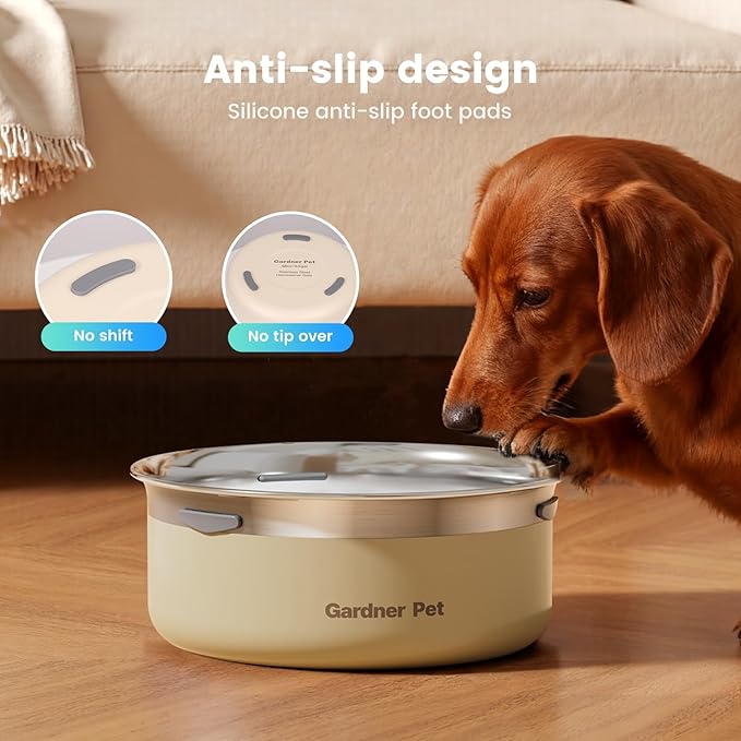 Gardner Pet Slow Water Bowl for Dogs, 2L/68oz Spill-Proof Pet Water Bowl with Floating Disk, Stainless Steel No-Spill Water Dispenser for Medium Pets