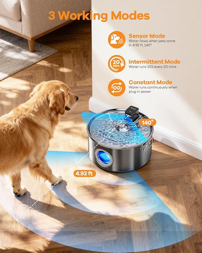 3.4Gal Wireless Automatic Dog Water Fountain for Large Dogs，12L Stainless Steel 3 Modes Dog Fountain Water Bowl Dispenser, Multi Large Pet Water Fountain Ultra Quiet & Multi-Filteration