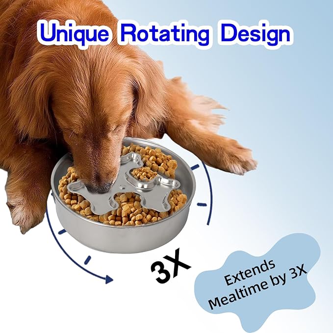 Slow Feeder Dog Bowl Stainless Steel - Double-Sided Rotating Puzzle Design, 2 Cup Capacity for Medium & Large Dogs, Anti-Choking, Non-Slip Base, Dishwasher Safe