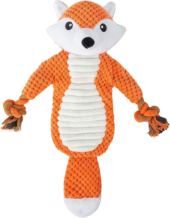 No Stuffing Squeaky Dog Toys Plush Chew Toy for Small Medium Puppy Large Breed, Stuffless Cute Animal Plush Toy for Indoor Play, Tough Durable Teething Interactive Gift, Fox,Red