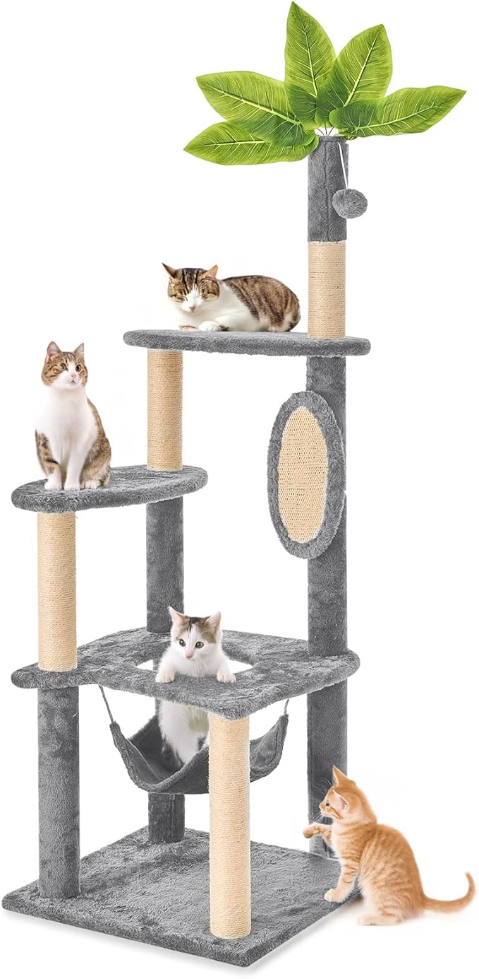 55 Inch Large Cat Tree Tower for Indoor Cats with Hammock Green Leaves Sisal Scratching Post, Plush Hang Ball Play Furniture for Kittens & Adult Cats,Grey