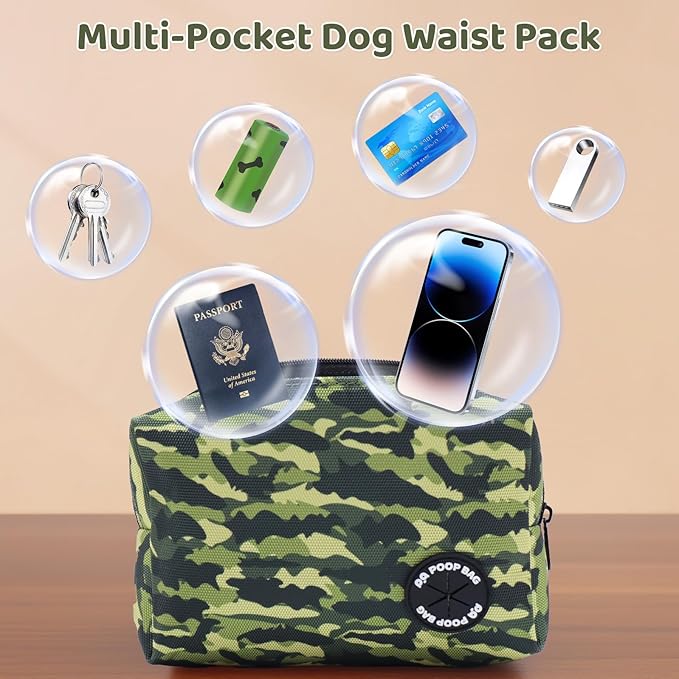 Hands Free Dual Handle Retractable Bungee Leash with Reflective Trim, Adjustable Waist Belt for Dog Walking, Running, Hiking - Durable Nylon Leash for Medium Large Dogs, Military Green