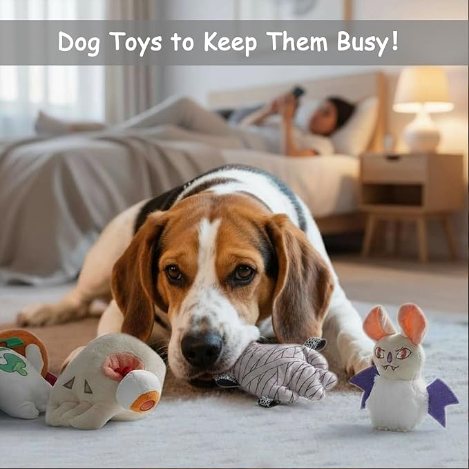 10PC Small Dog Toys Set, Creepy-Theme Puppy Enrichment Small Dog Toys Squeaky & Crinkle Funny Plush Stuffed Christmas Stocking Stuffers Bundle for with Pumpkin, Skeleton, Mummy, Bat & More