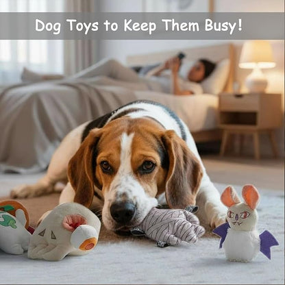 10PC Small Dog Toys Set, Creepy-Theme Puppy Enrichment Small Dog Toys Squeaky & Crinkle Funny Plush Stuffed Christmas Stocking Stuffers Bundle for with Pumpkin, Skeleton, Mummy, Bat & More
