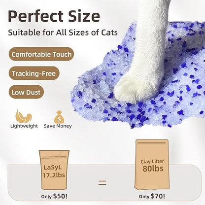 LaSyL Crystal Cat Litter for Multi-Cat Households - 17.2 lb Silica Gel, 30-Day Odor Control, 99.9% Dust-Free Non-Clumping Low Tracking Lightweight Unscented Formula (4 Bags x 4.3lb)