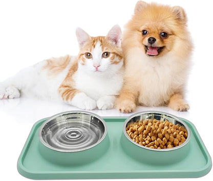 Double Dog Food Bowls Stainless Steel with No Spill Non Skid Silicone Mat Removable Dog Water and Food Bowls Set Durable Feeding for Small Dogs Puppy Cat Kitten(Blue)