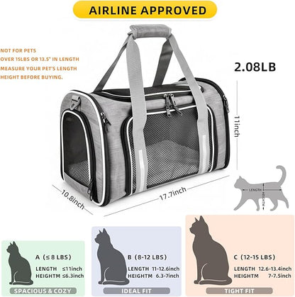 Airline Approved Cat Carrier, Soft Sided Pet Carrier for Small Dogs Cats up to 15lbs, Collapsible Sturdy Cat Travel Carrier, Claw-Resistant Mesh & Self-Locking Zippers (17.7x10.8x11) (Grey)