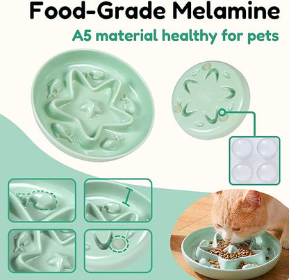 3 Pcs Cat Slow Feeder Bowl – Whisker Friendly Melamine Puzzle Feeding Cat Bowl for Slow Eating – Wet & Dry Food – Dishwasher Safe, Lightweight, Non-Slip (Shell White + Seafoam Green + Buttercream