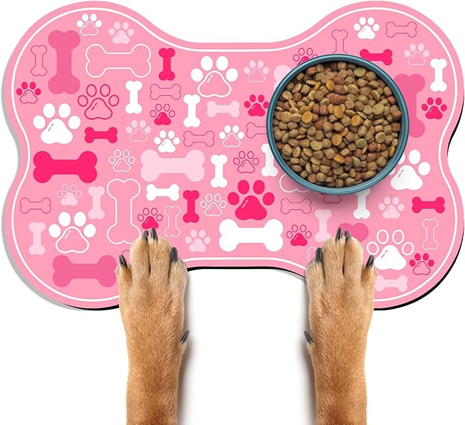 Dog & Cat Food Mat Bone Shaped Pet Feeding Mat Quick Absorb Water Bowl Placemat with Rubber Backing Indoor Floor Stain Resistant Pet Accessory Supplies (Pink, 12x18 Inches)