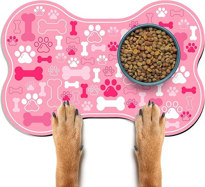 Dog & Cat Food Mat Bone Shaped Pet Feeding Mat Quick Absorb Water Bowl Placemat with Rubber Backing Indoor Floor Stain Resistant Pet Accessory Supplies (Pink, 12x18 Inches)