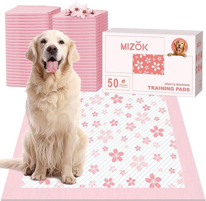MIZOK Dog Pee Pads Extra Large 28"x34", Potty Pads for Big Dog Breeds, Super Absorbent & Leak-Proof, Pink Cherry Blossom Prints, Thick & Heavy, 4-Corner Adhesive Tabs, XL (50 Counts)
