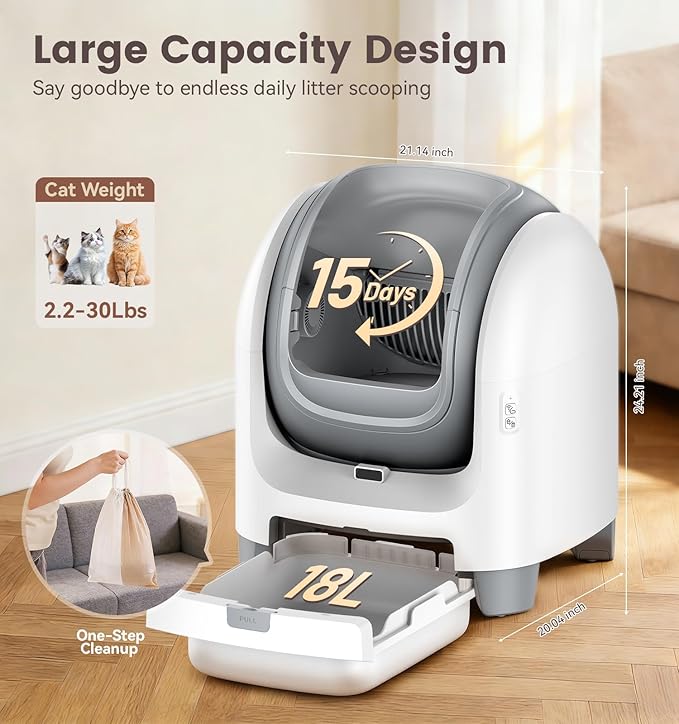 Self Cleaning Litter Box for Large Cats - Scented Automatic Cat Litter Box with Smart APP Health Monitoring & Weight Tracking, Extra Large Smart Cat Toilet, Multi-Cat Safe & Quiet, White