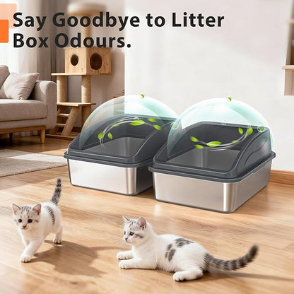 2 Pack Stainless Steel Litter Box for Kitty | Metal Kitty Litter Box with Lid High Sided for Small Cats or Injured Cats, Bunny Litter Boxes, Low Entry, Odor-Free, Non-Stick,Includes Scoop