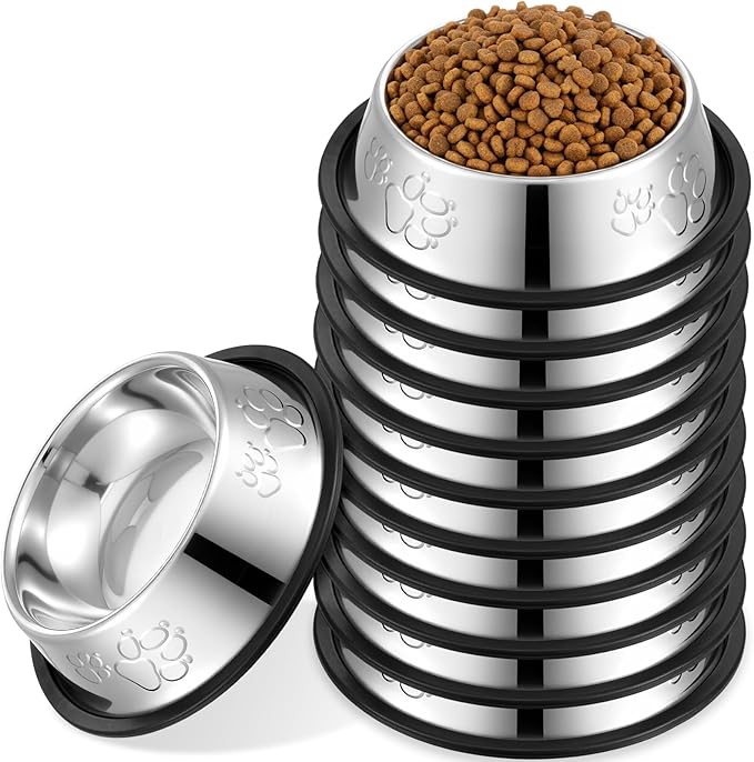 10 Pcs Stainless Steel Dog Bowls, Silver Non-Slip Pet Feeding Bowls with Rubber Base, 7 oz Capacity for Small Medium Dogs, Cats, Kittens, Rabbits
