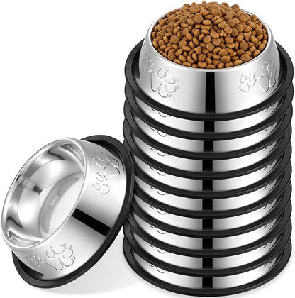10 Pcs Stainless Steel Dog Bowls, Silver Non-Slip Pet Feeding Bowls with Rubber Base, 7 oz Capacity for Small Medium Dogs, Cats, Kittens, Rabbits