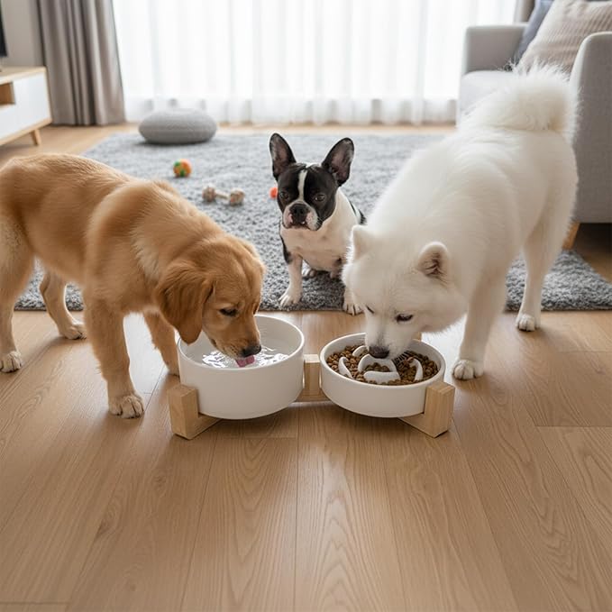 Ceramic Slow Feeder Dog Bowl Set-1 Cup Puzzle Dog Food Bowl & 850ML Water bowl with wooden stand for small dogs, Anti-Gulping,Anti-chewing,Anti-Slip,White
