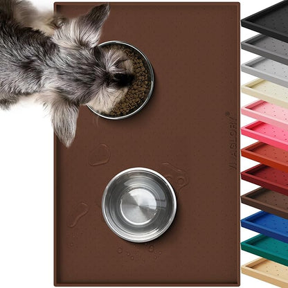 VIVAGLORY Dog Bowl Mat Grippymat Pet Food Mat, Waterproof Washable Nonslip Silicone for Pet & Cat, Food and Water Placemat with Lip & Raised Edges for Indoor Floor, S, Chocolate