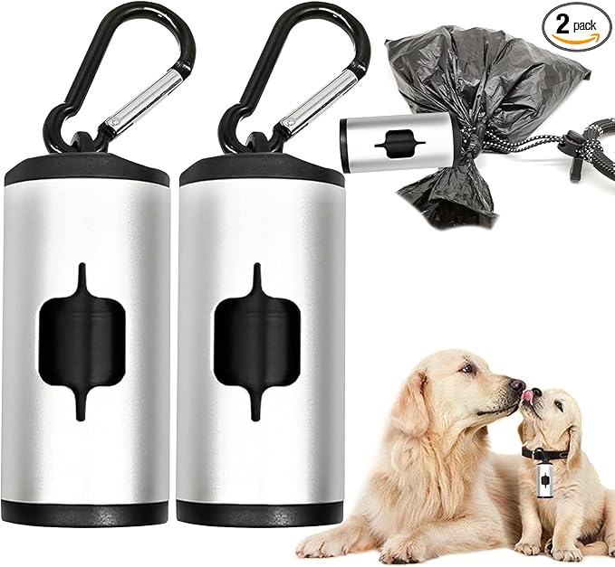 Aluminum Dog Poop Bags Holder with Carabiner Metal Pet Waste Bags Dispenser with Hook and Loop Fastener and Elastic Cord to Carry Used Bags (Silver)