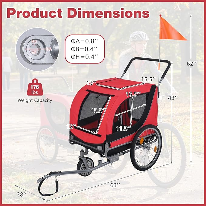 Giantex 2-in-1 Dog Bike Trailer & Pet Stroller for Large Dogs – Foldable Pet Carrier Cart with Front Caster & 2 Air-Filled Tires, Breathable Mesh, PVC Rain Cover, 176 lbs Capacity