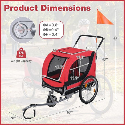 Giantex 2-in-1 Dog Bike Trailer & Pet Stroller for Large Dogs – Foldable Pet Carrier Cart with Front Caster & 2 Air-Filled Tires, Breathable Mesh, PVC Rain Cover, 176 lbs Capacity
