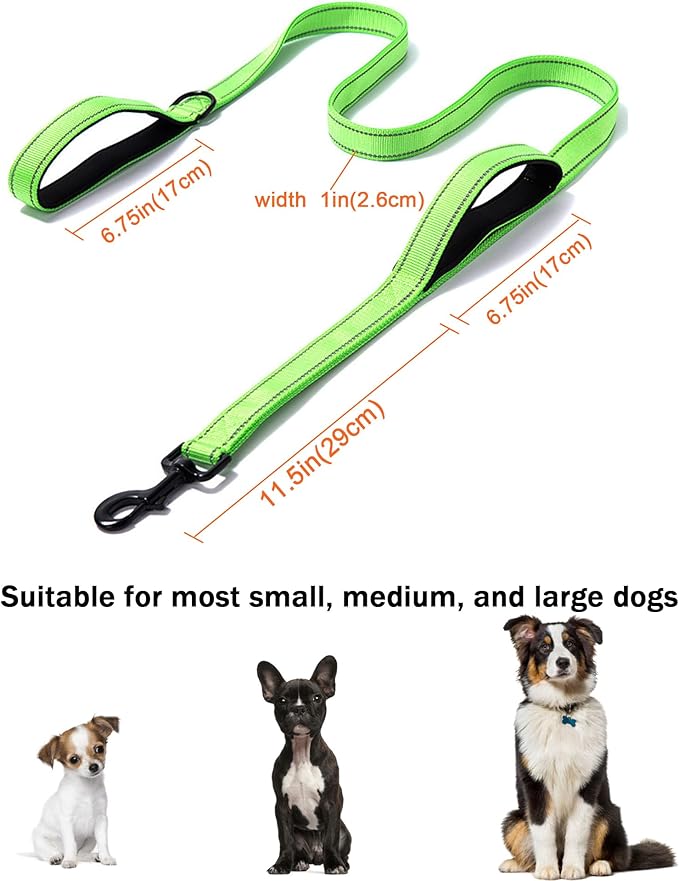 Solmoony 6FT Green Strong Dog Leash with 2 Padded Handles, Traffic Handle Extra Control, Double-Sided Reflective Walking Lead for Small Medium and Large Dogs(Green, 6FT)