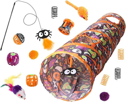 Halloween Cat Tunnel with Toys Set, Gothic Interactive Kitten Toy for Indoor Cats Kitty, Kitten Tube Tent, Feather Wand Teaser Bell Fuzzy Ball Springs Mouse for Small Animals (A, 23.3X15X112.3CM)