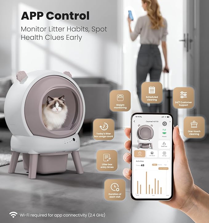 Self Cleaning Litter Box for Multiple Cats, Automatic Litter Box with APP Real-Time Monitor, Dual Safety Protection, Odor-Free Waste Disposal Includes Trash Bags, Pink