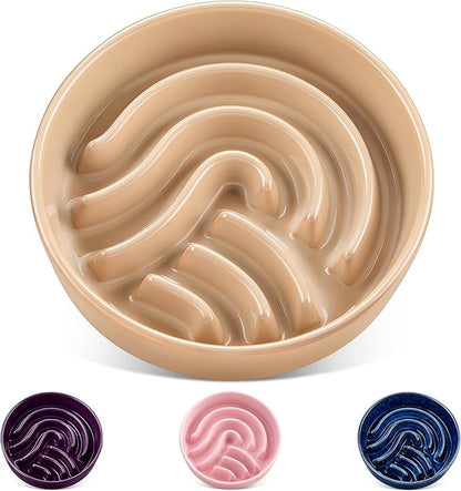 vancasso Slow Feeder Dog Bowl, 1.5 Cup Ceramic Slow Feeding Food Dish for Small and Medium Breed, Puzzle Dog Food Bowl for Fast Eater, Brown
