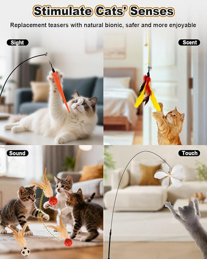 Cat Feather Toys, Enhanced Suction Cup Cat Toys, Interactive Cats Teaser Wand, 10pcs Fishing Pole Feathers Toy Replacements & 2pcs Bouncy Balls, 2 Types Door Hanging Cats String Toy
