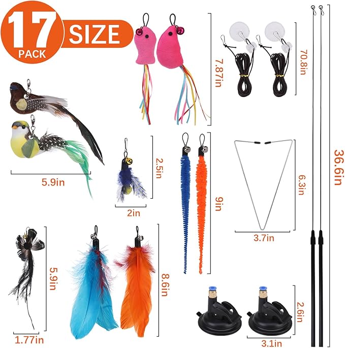 PAWCHIE Cat Wand Toy,19 Pcs Interactive Cat Feather Toy,Reusable Suction Cup Cat Bird Simulation Toy Set,Self Play Cat Kitten Toys for Indoor Play Exercise，Hanging String and Mouse Toy