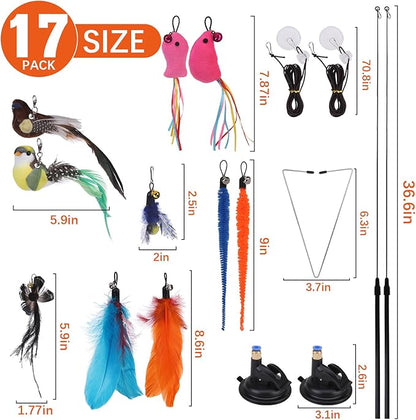 PAWCHIE Cat Wand Toy,19 Pcs Interactive Cat Feather Toy,Reusable Suction Cup Cat Bird Simulation Toy Set,Self Play Cat Kitten Toys for Indoor Play Exercise，Hanging String and Mouse Toy